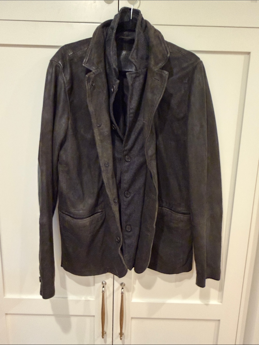 All Saints Men's Dark Brown Leather Pea Coat
